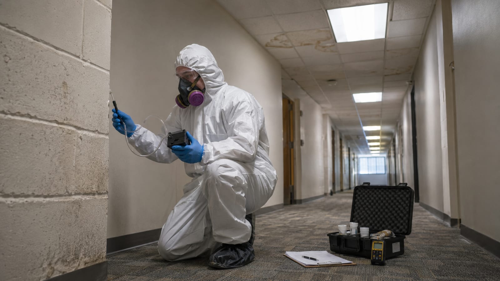 Mold remediator in full protective gear conducting air quality and surface mold testing in a commercial office building corridor