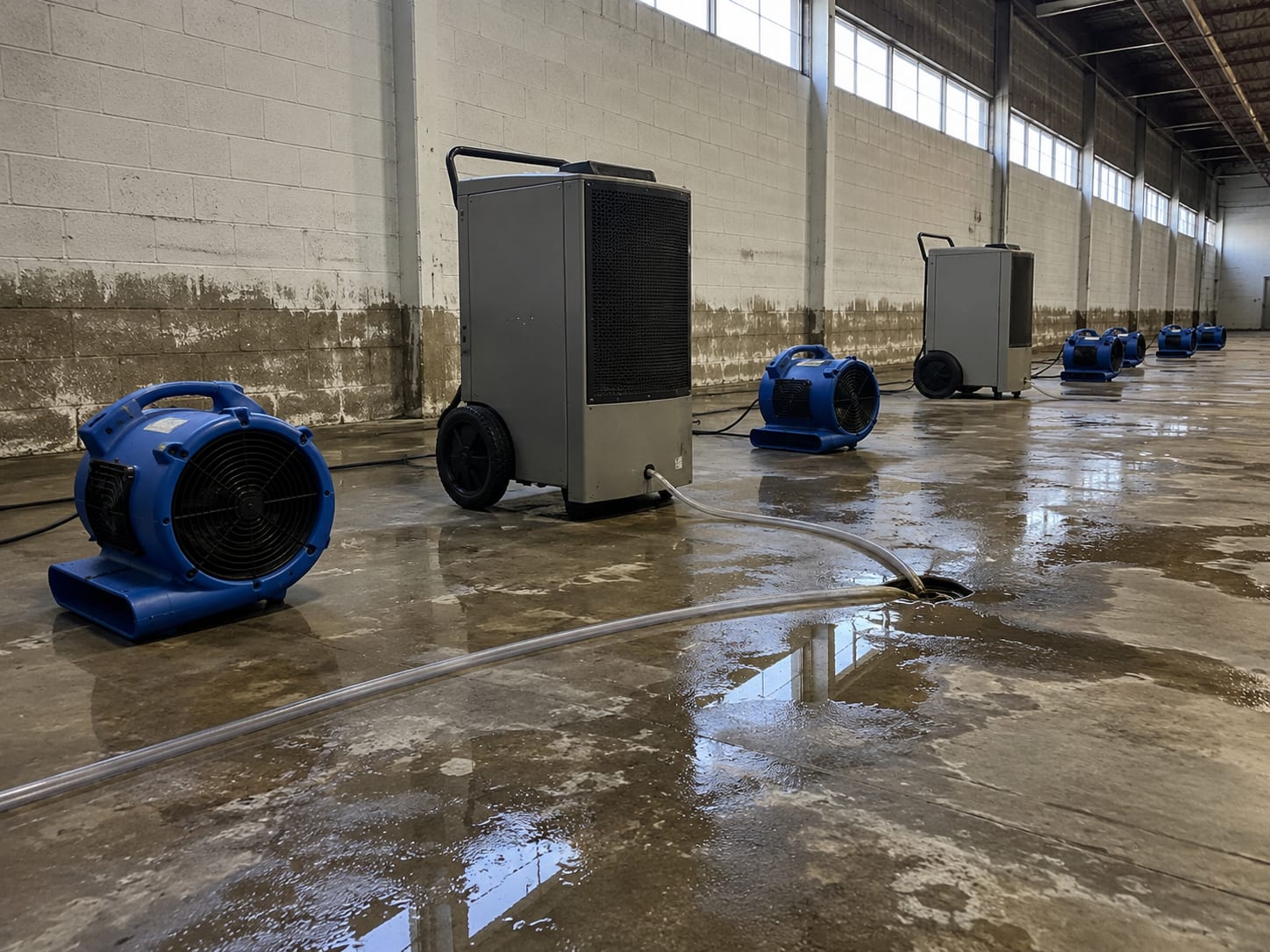Array of industrial air movers and large commercial dehumidifiers deployed across a damp concrete warehouse floor during active water damage drying