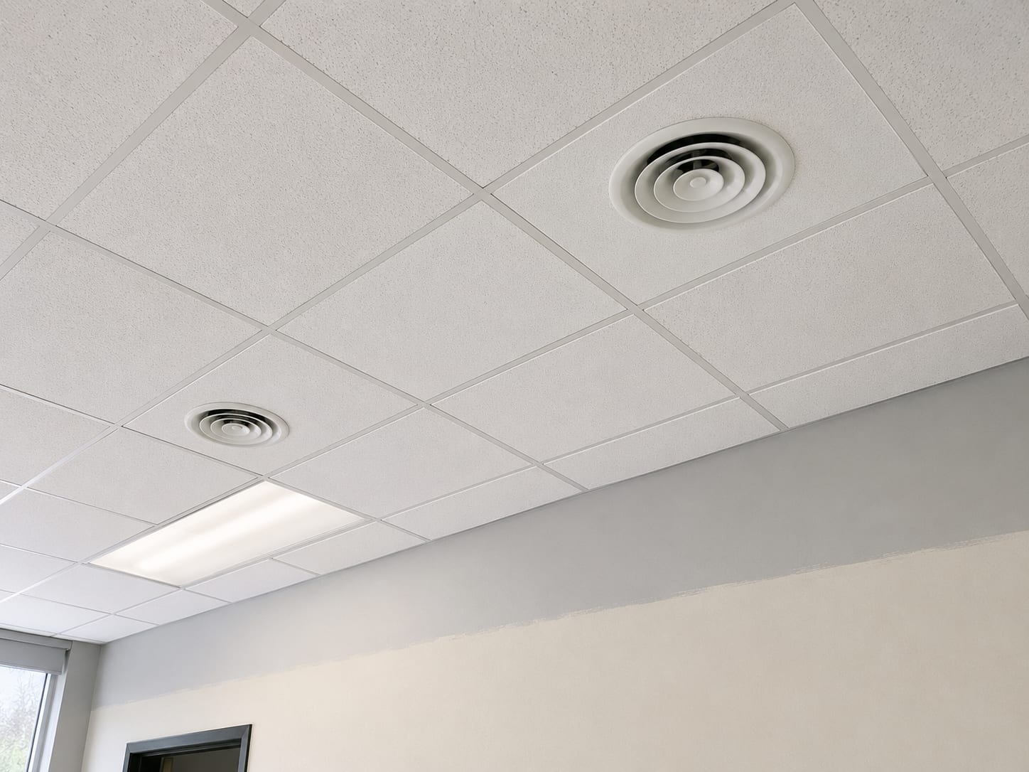 Restored commercial office drop ceiling with freshly installed tiles and clean HVAC diffusers after completed mold remediation, showing finished build-back result