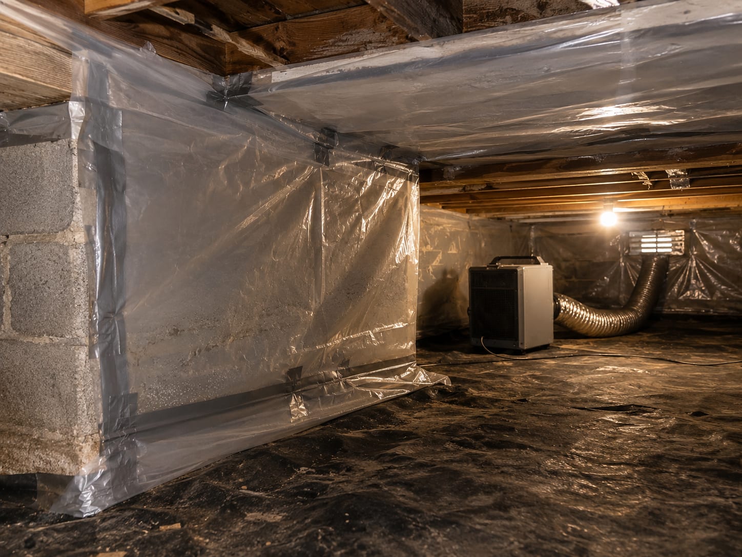 Sealed containment zone inside a New Jersey home crawl space with heavy plastic sheeting secured across framing and a HEPA air scrubber unit visible in the background