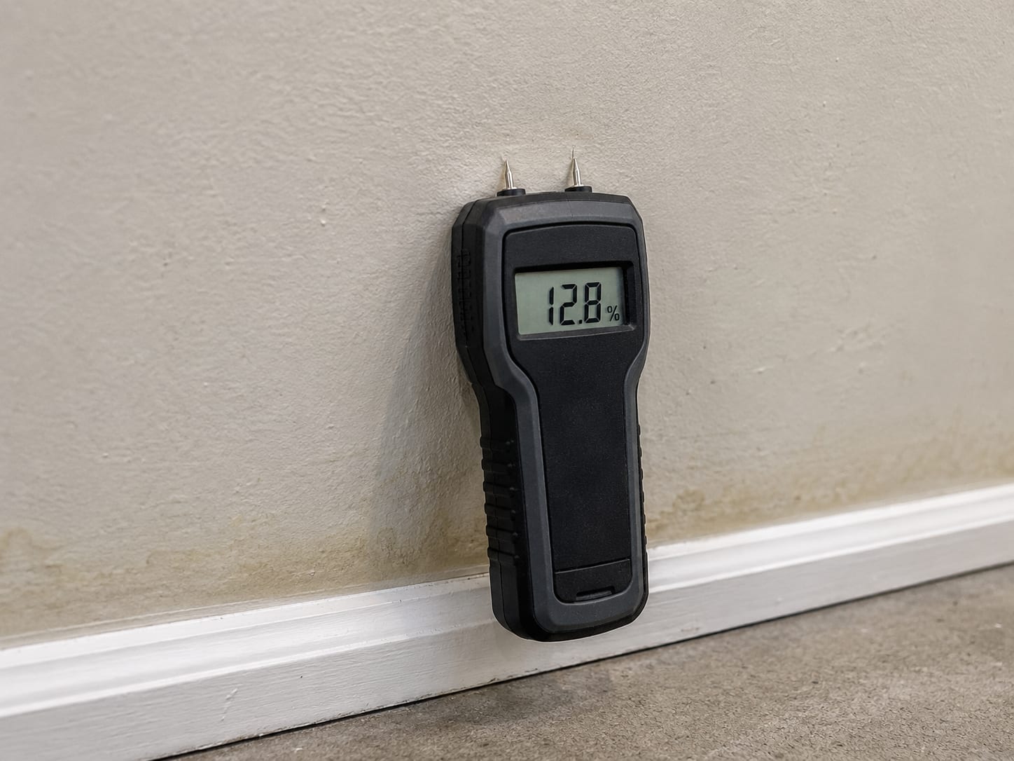 Digital moisture meter pressed against a basement drywall surface in a New Jersey home showing a reading on its small display screen