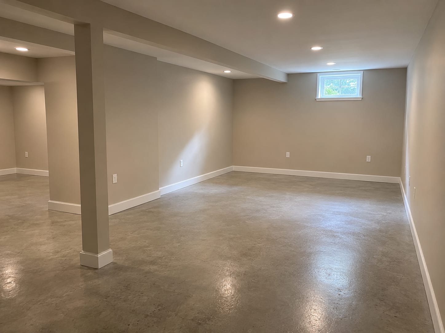 Restored finished basement interior in a New Jersey home with clean drywall, neutral paint, and natural light entering through a small window