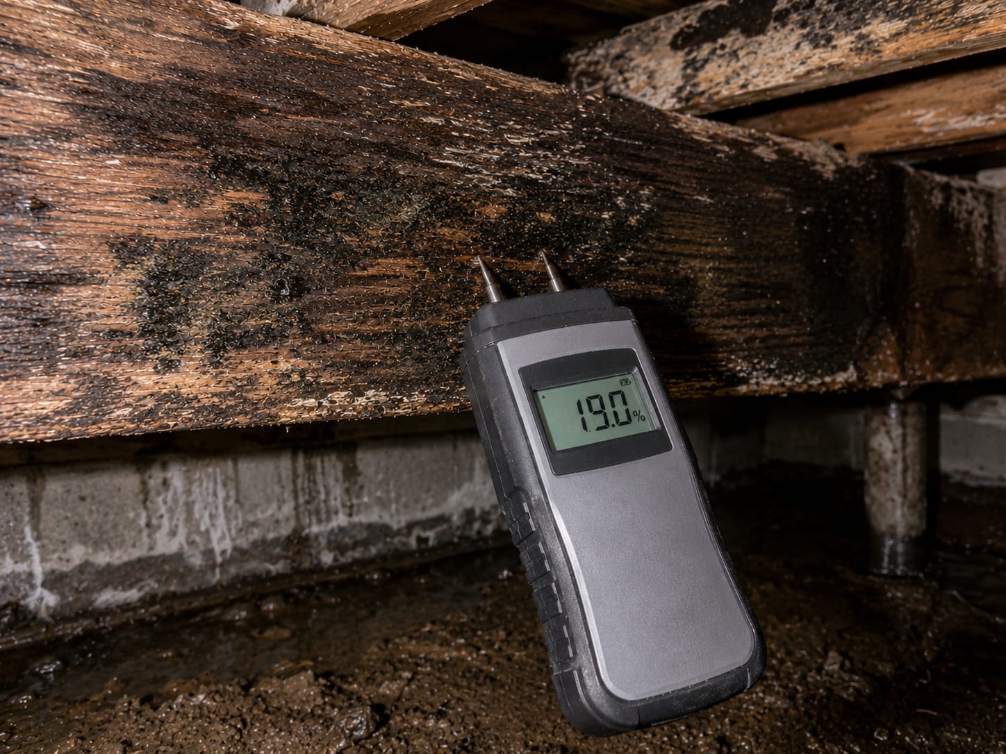 Digital pin-style moisture meter probe inserted into a wooden floor joist inside a dim New Jersey crawl space showing a visible reading on the meter display