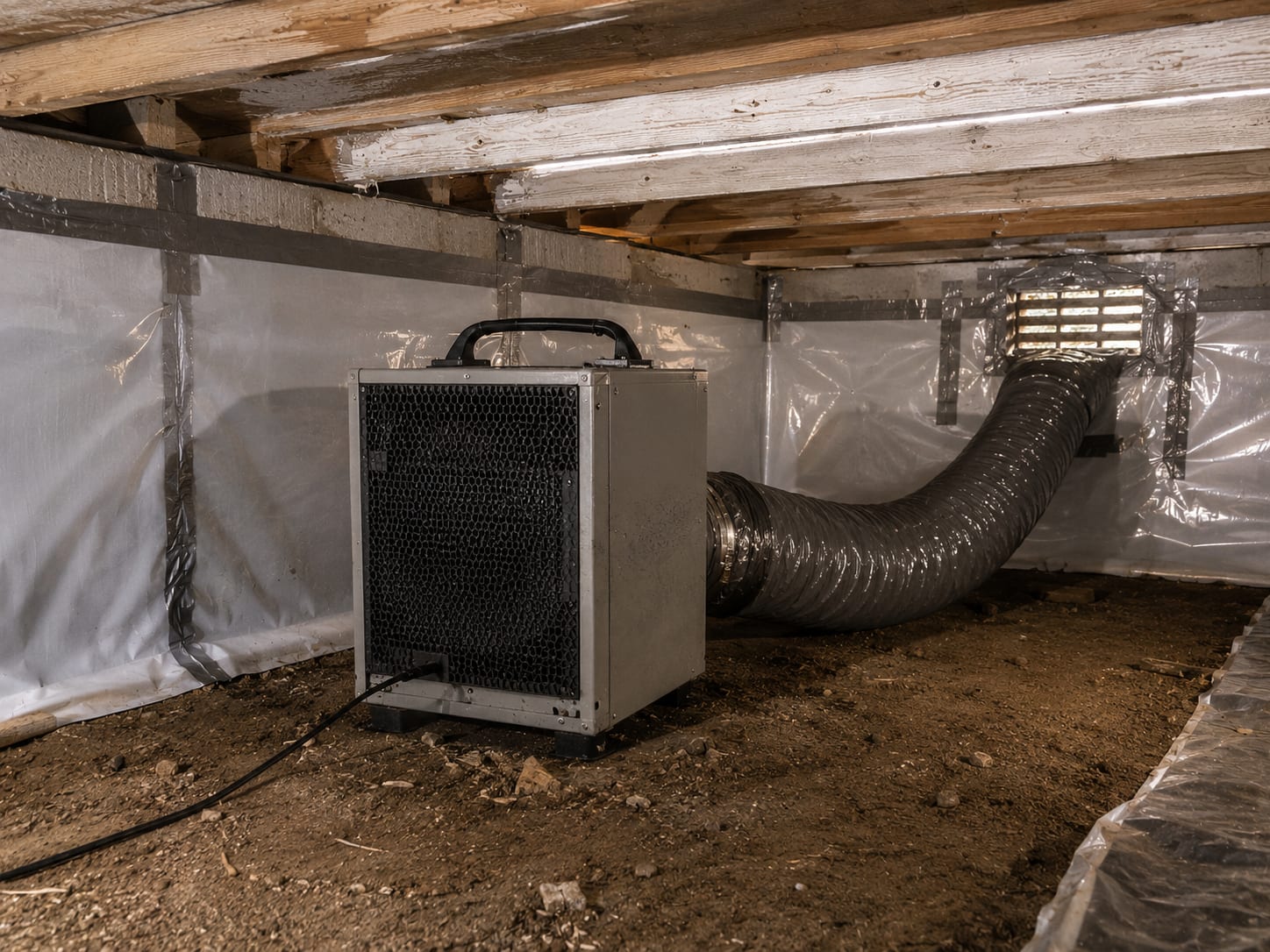 Compact HEPA negative air scrubber machine operating inside a plastic-sheeted crawl space containment zone in a New Jersey residential foundation