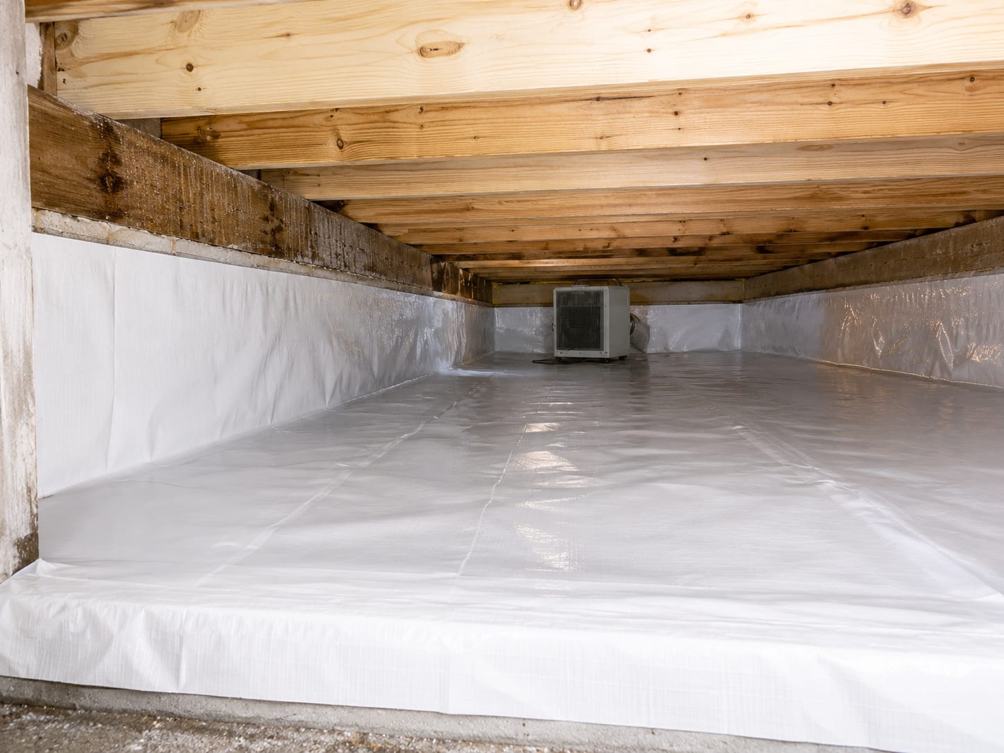 Freshly remediated crawl space with white polyethylene vapor barrier encapsulation and clean treated wooden joists visible in a New Jersey residential foundation