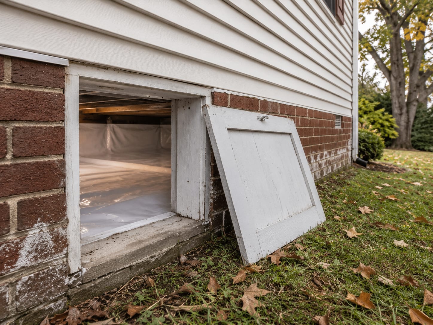 Exterior crawl space access hatch opened on the side of a brick and clapboard New Jersey colonial home revealing a clean encapsulated crawl space interior visible through the opening