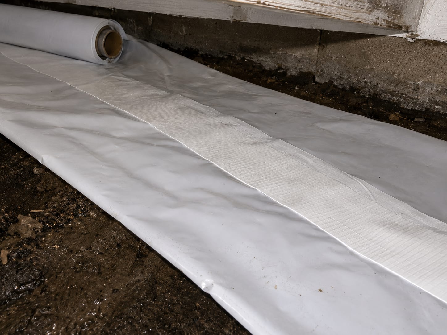 White polyethylene vapor barrier sheets being lap-seamed and sealed with reinforced tape on a residential crawl space floor in New Jersey during mold remediation encapsulation