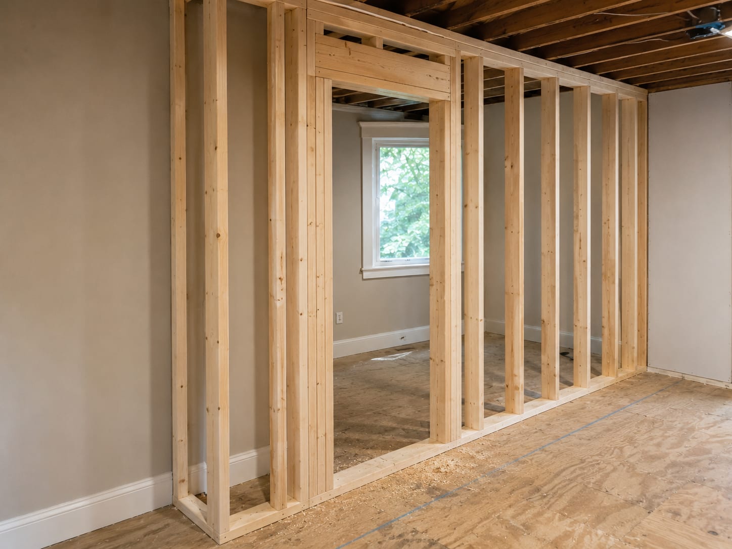 Freshly framed interior wall section with new dimensional lumber studs and a door rough opening in a partially completed build-back of a New Jersey residential interior