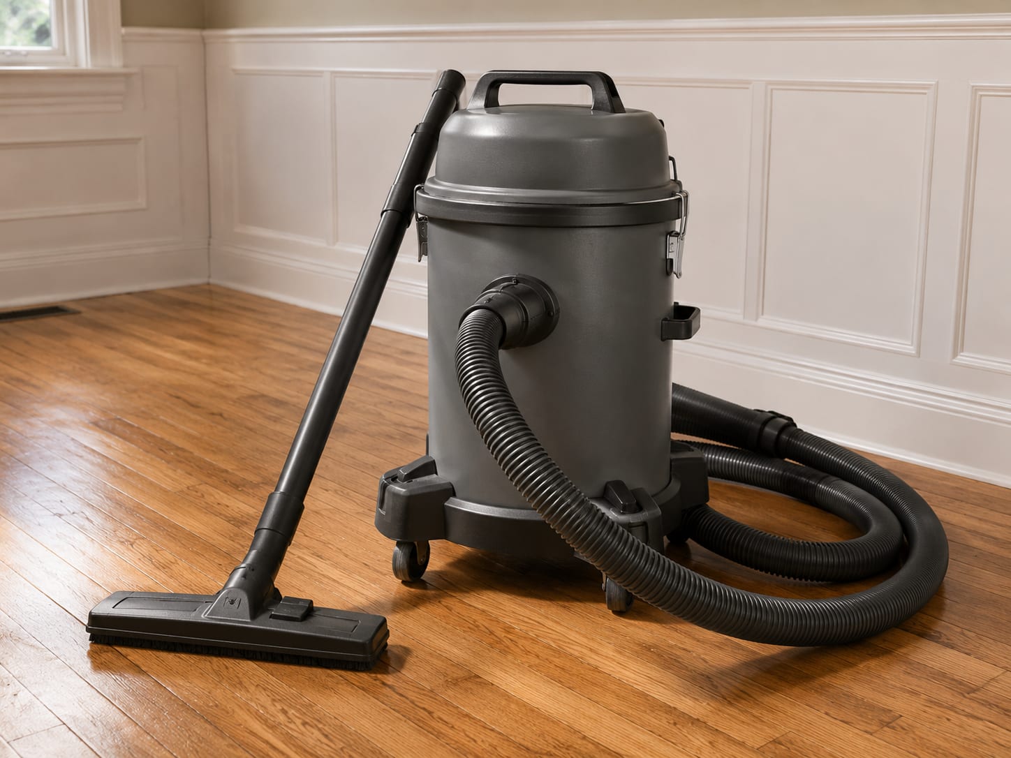 Commercial-grade HEPA filtration vacuum canister and attachments resting on refinished hardwood floor in a New Jersey colonial home living room ready for post-remediation deep cleaning