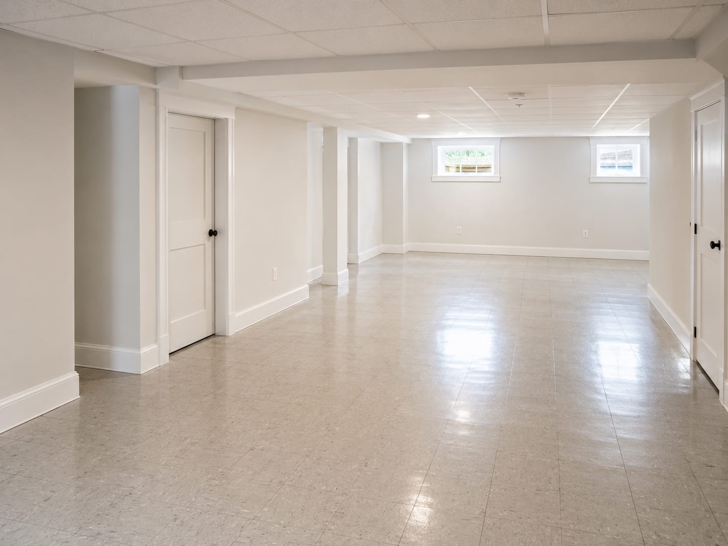 Freshly deep-cleaned finished basement interior in a New Jersey colonial home with gleaming tile floor, wiped-down baseboards, and clear polyethylene barriers removed to reveal restored living space