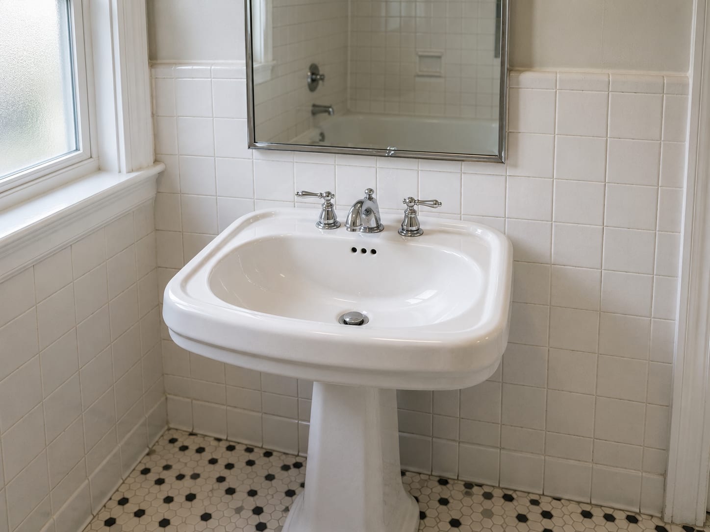 Clean white porcelain bathroom sink and chrome faucet in a cape cod New Jersey home after deep cleaning with wiped mirror and scrubbed tile surround visible in background