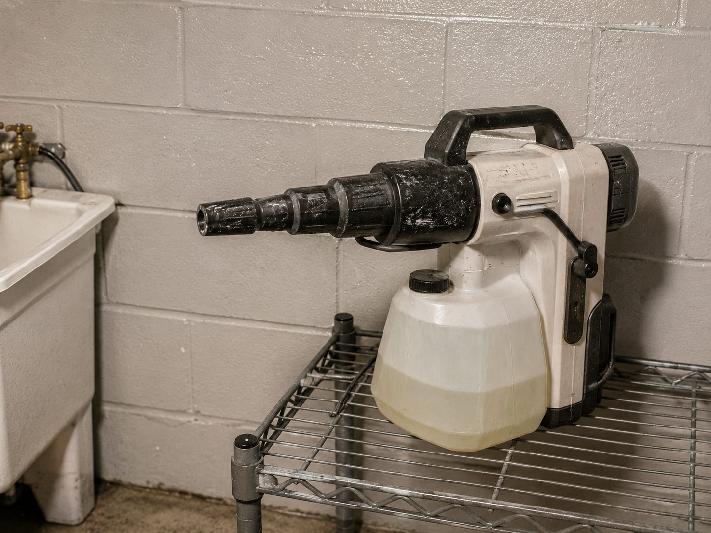 Close-up of a professional electrostatic disinfectant sprayer resting on a utility shelf in a laundry room, with fine droplet residue visible on the painted cinder-block wall behind it