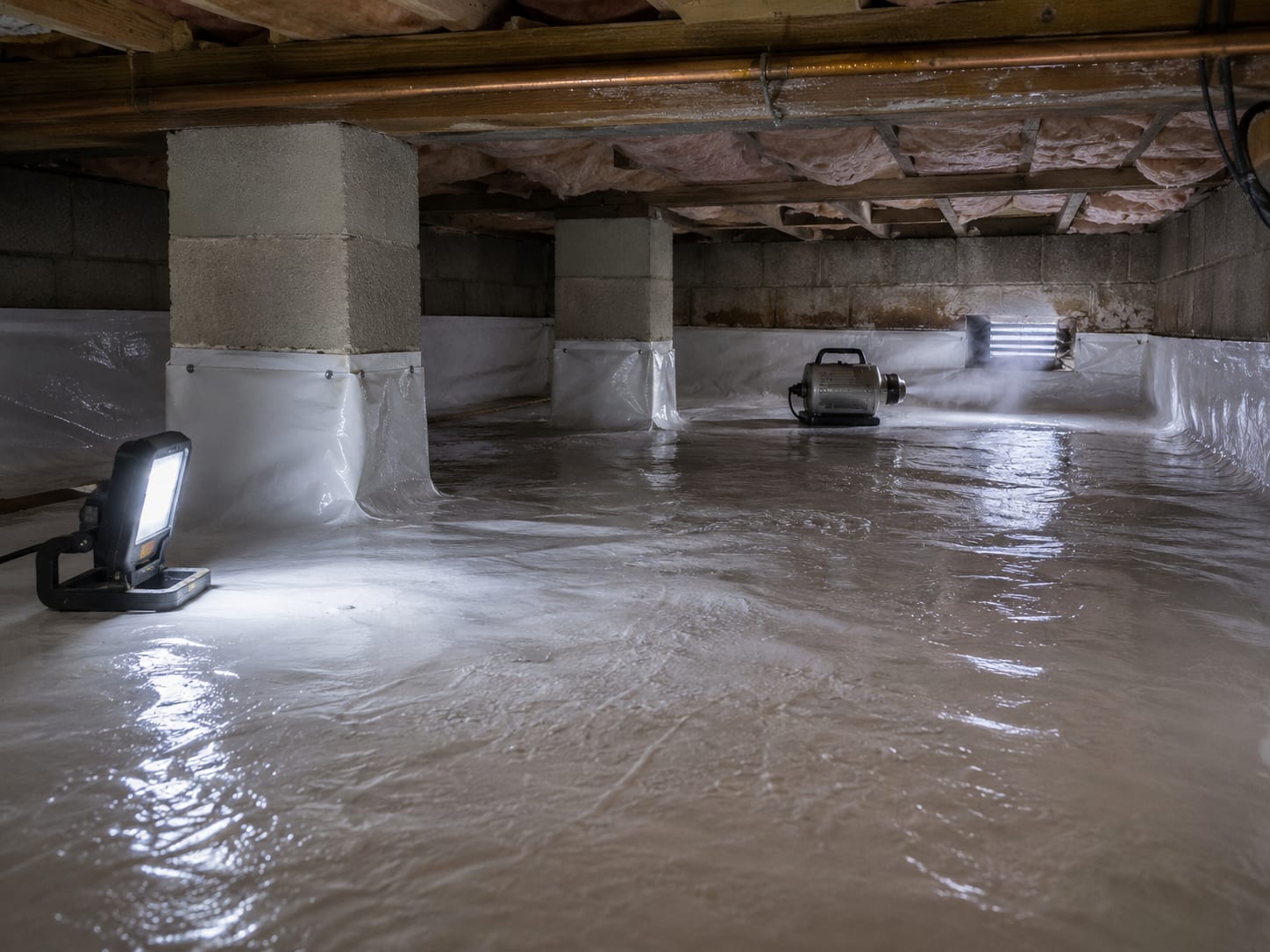 Low crawl space interior with white poly encapsulation liner on floor and concrete piers, showing a misted disinfectant coating on the liner surface and a portable fogging machine visible at the far end