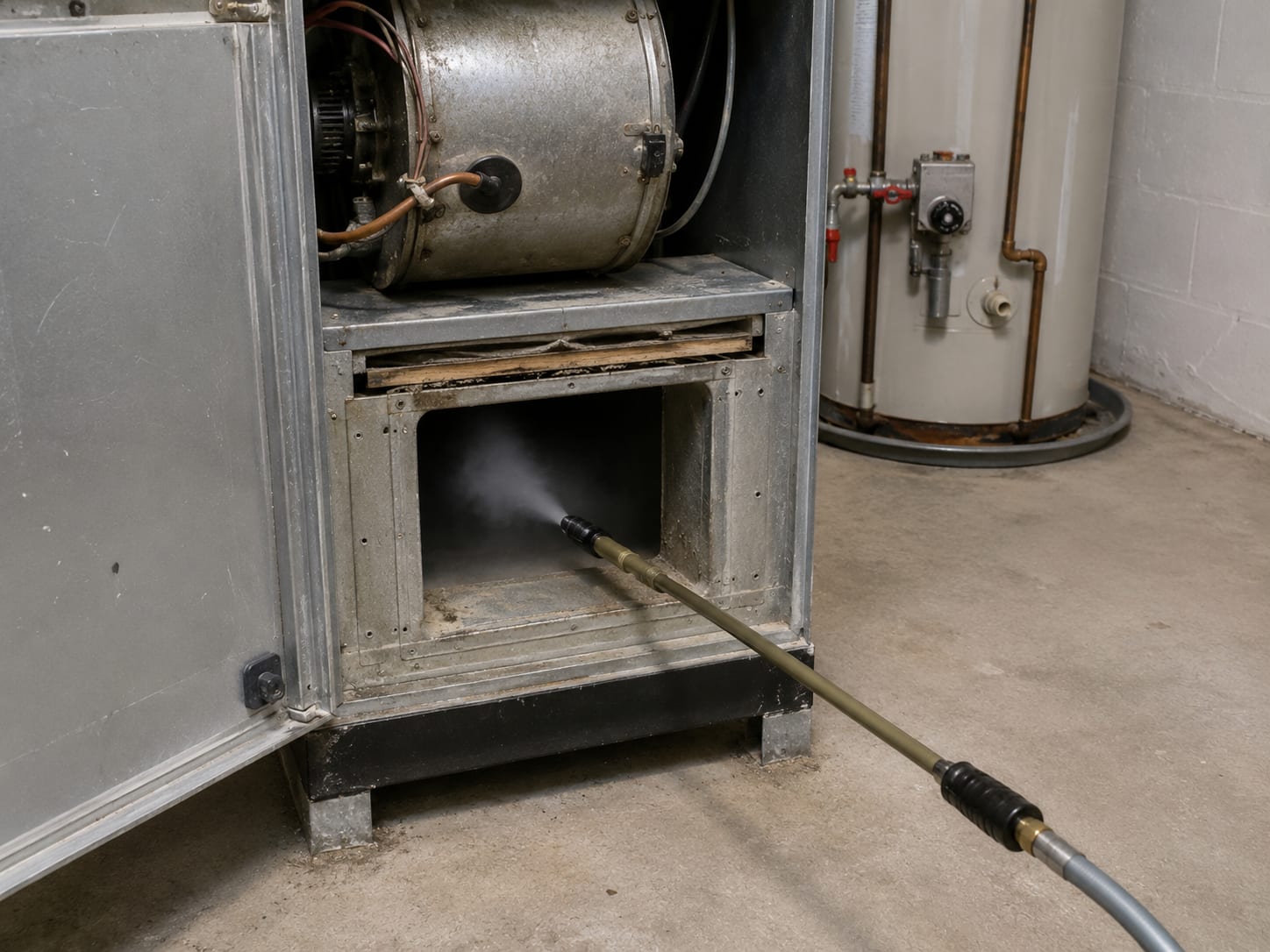 Open HVAC air handler cabinet in a utility room with a fogging wand inserted into the return duct opening and fine disinfectant mist visible inside the dark duct interior