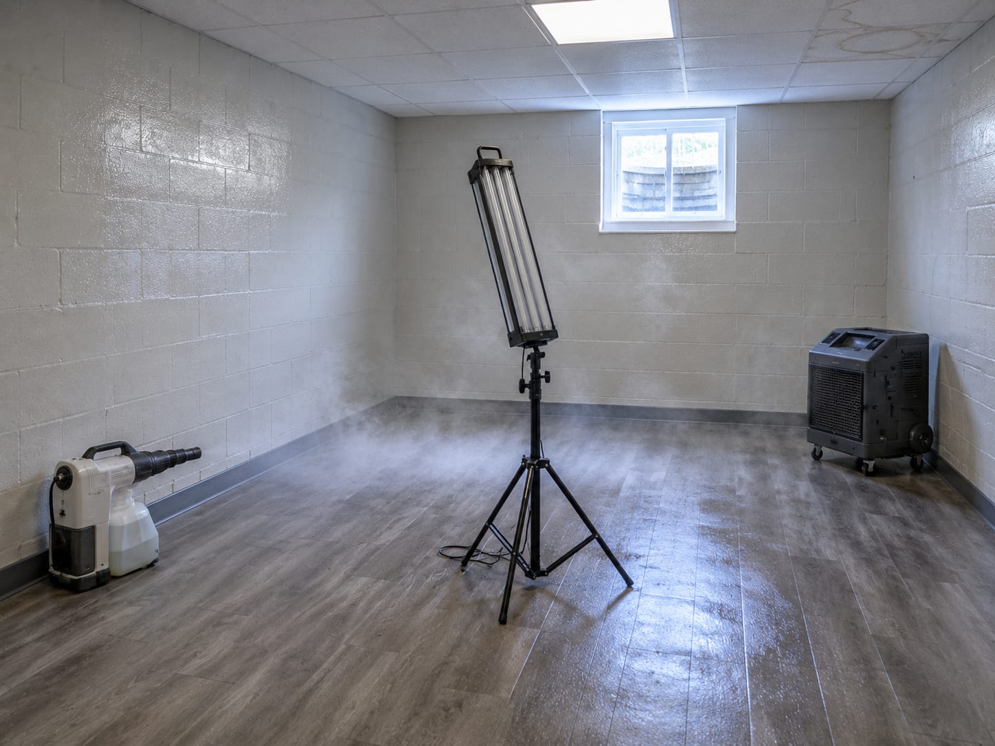 Freshly disinfected finished basement room with misted surfaces and UV-C lamp equipment visible in the foreground