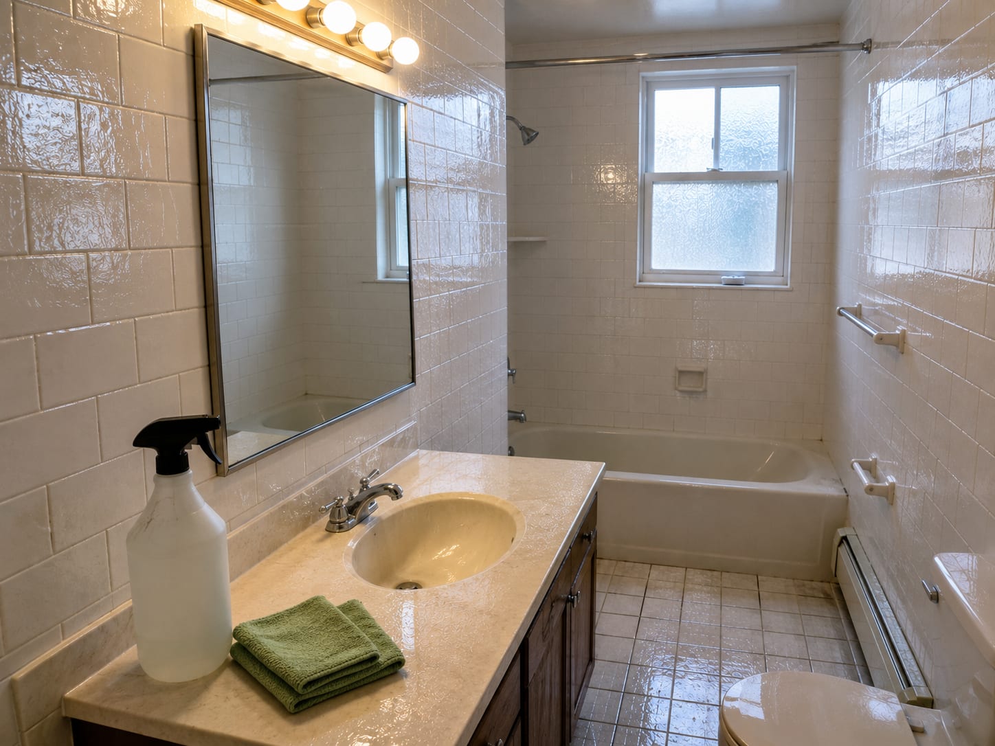 Residential bathroom with white ceramic tile walls and floor showing a uniform fine disinfectant film reflecting overhead light, with a trigger-spray bottle and folded microfiber cloth visible on the vanity edge