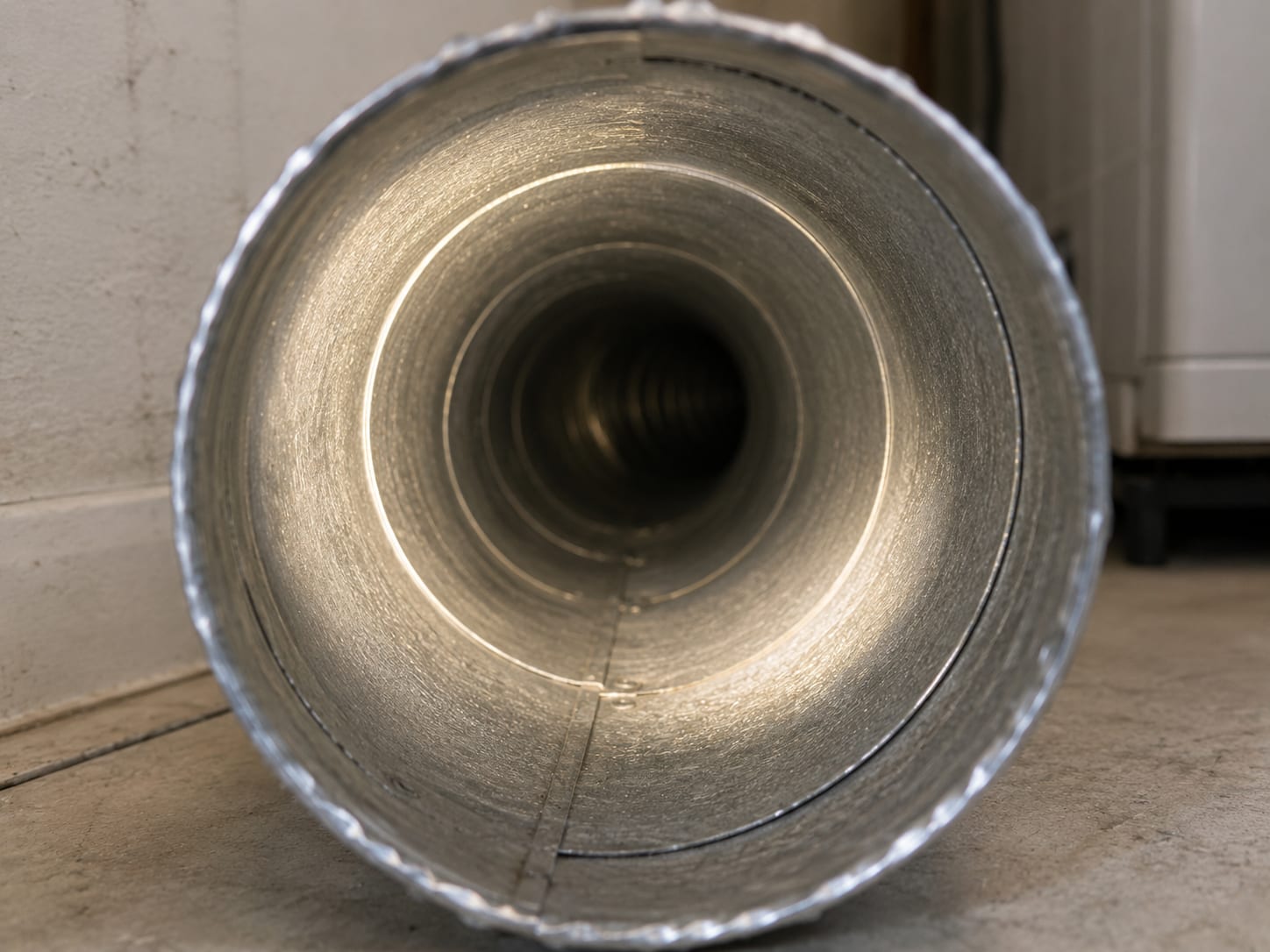 Illuminated interior of a clean round metal dryer duct pipe showing smooth walls and no lint residue