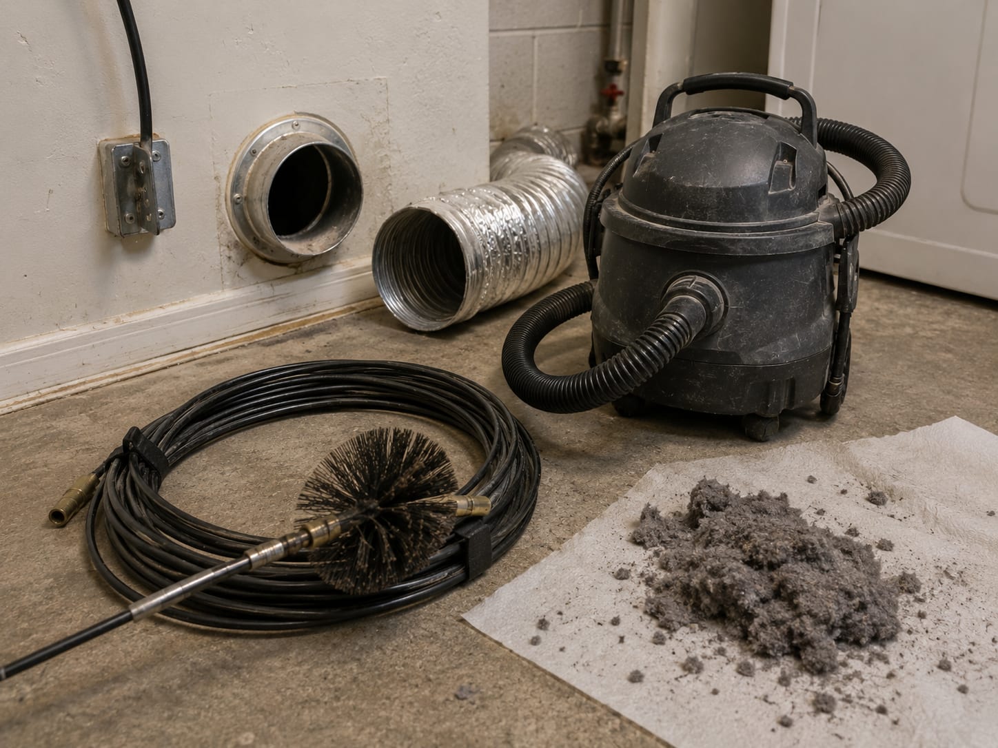 Rotary brush cleaning rod and portable vacuum canister placed on utility room floor next to disconnected dryer duct opening