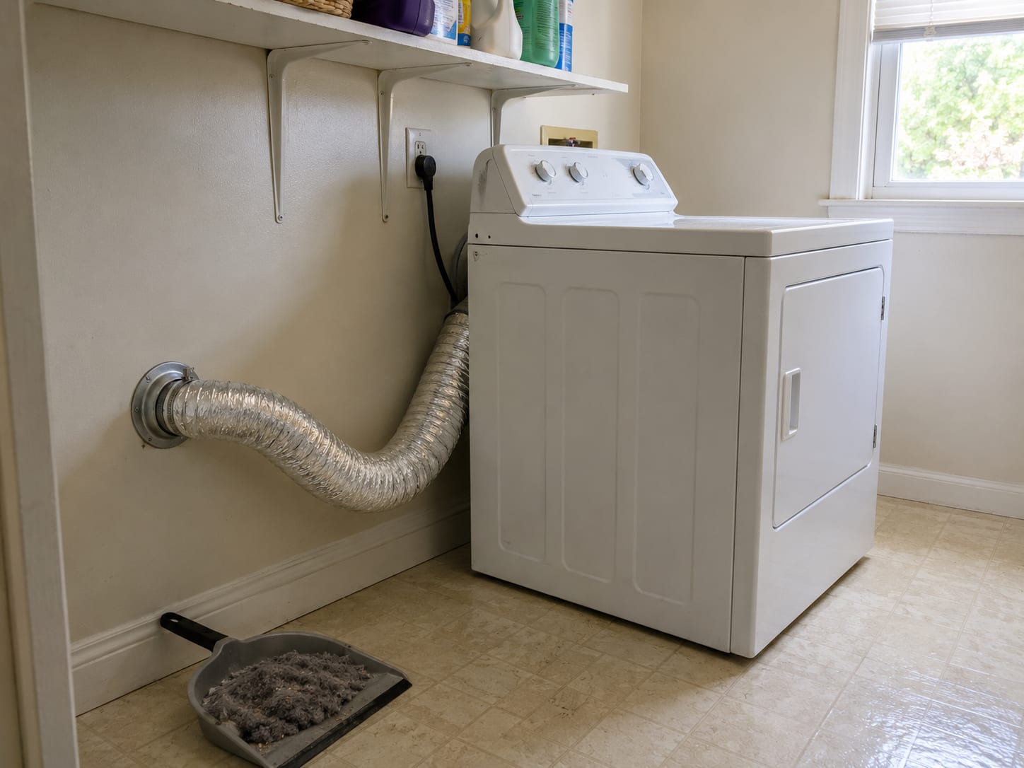 Clean white flexible dryer duct hose reconnected to wall vent port in a tidy residential laundry room