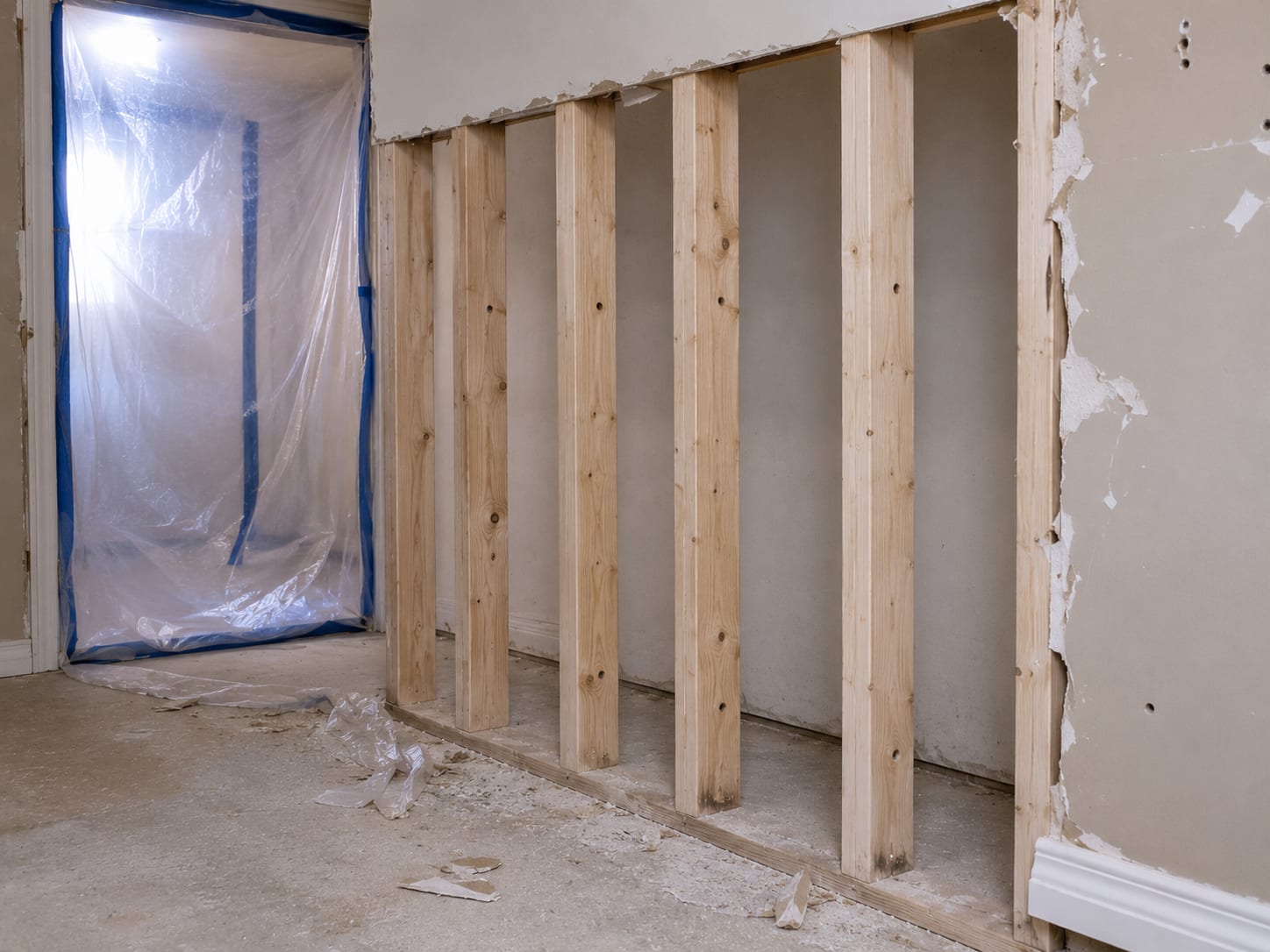 Partially demolished interior wall with mold-damaged drywall removed exposing clean treated wood framing studs in a New Jersey home, plastic containment sheeting visible in the background