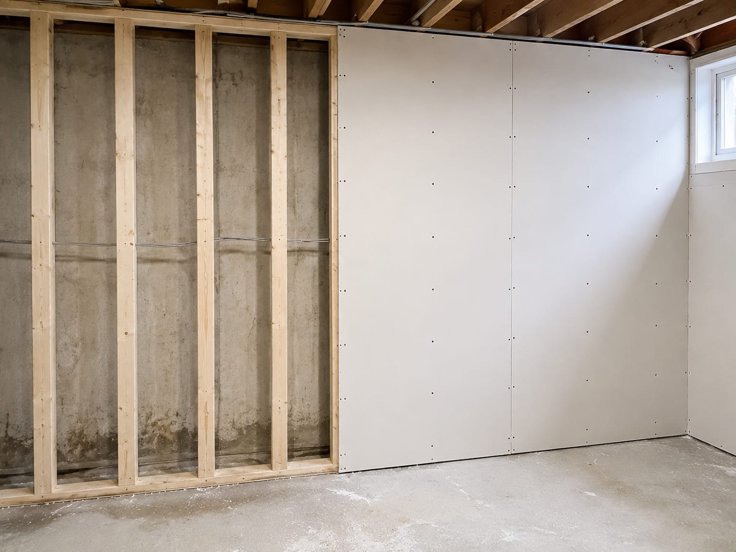 Side by side interior basement wall view showing raw treated wood studs on one half and freshly installed new drywall panels on the other half in a New Jersey home