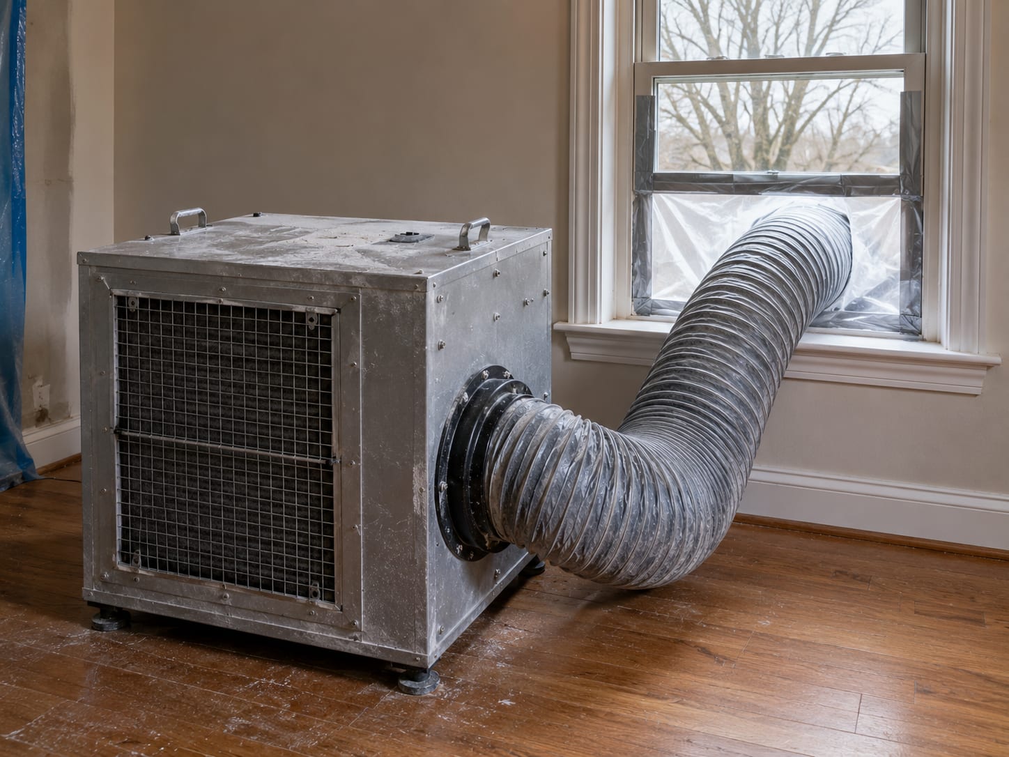Industrial HEPA negative-air machine with flexible exhaust duct venting through a window in a New Jersey residential room