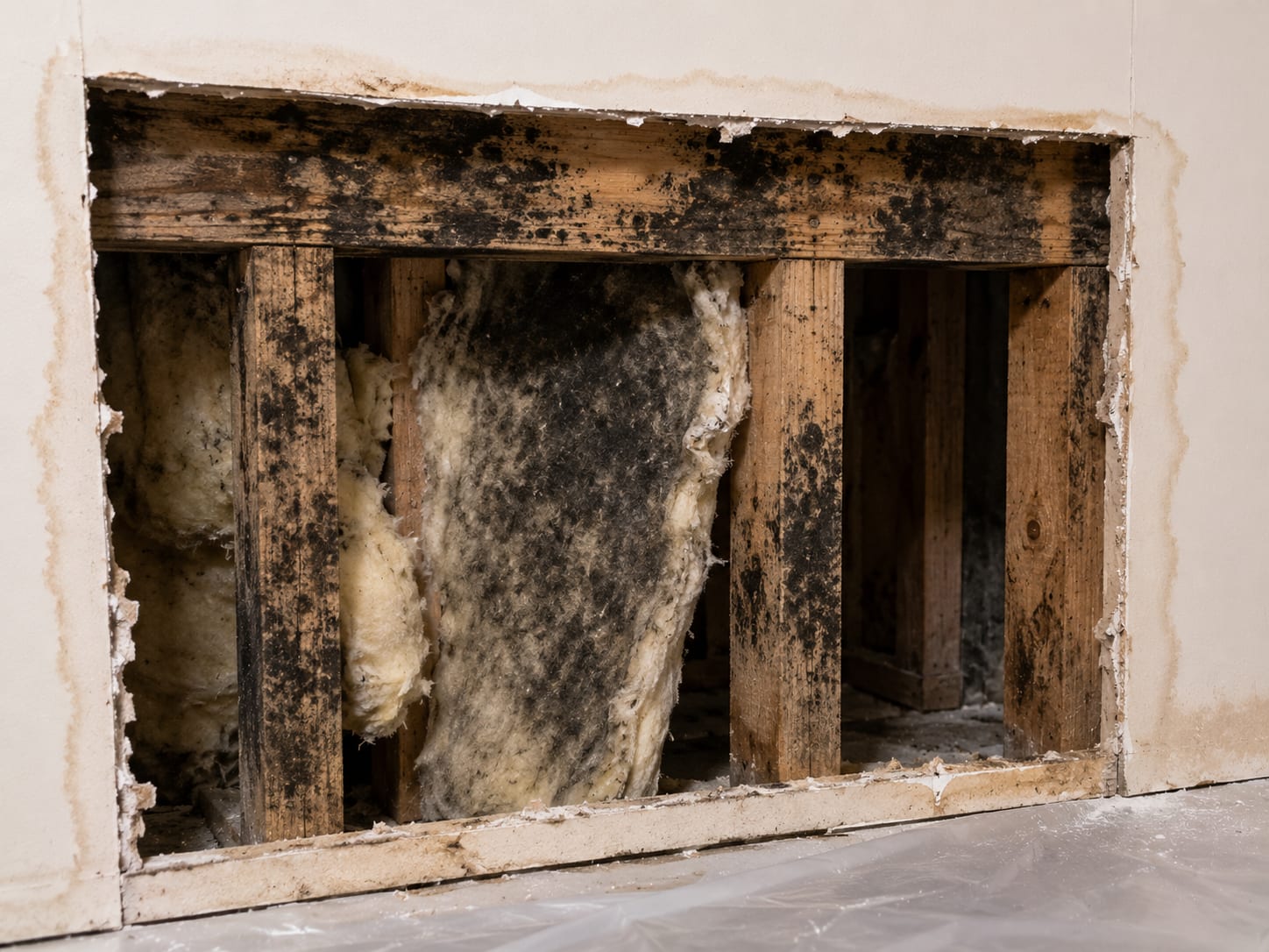 Cut and removed drywall section exposing black mold growth on wall framing inside a New Jersey home