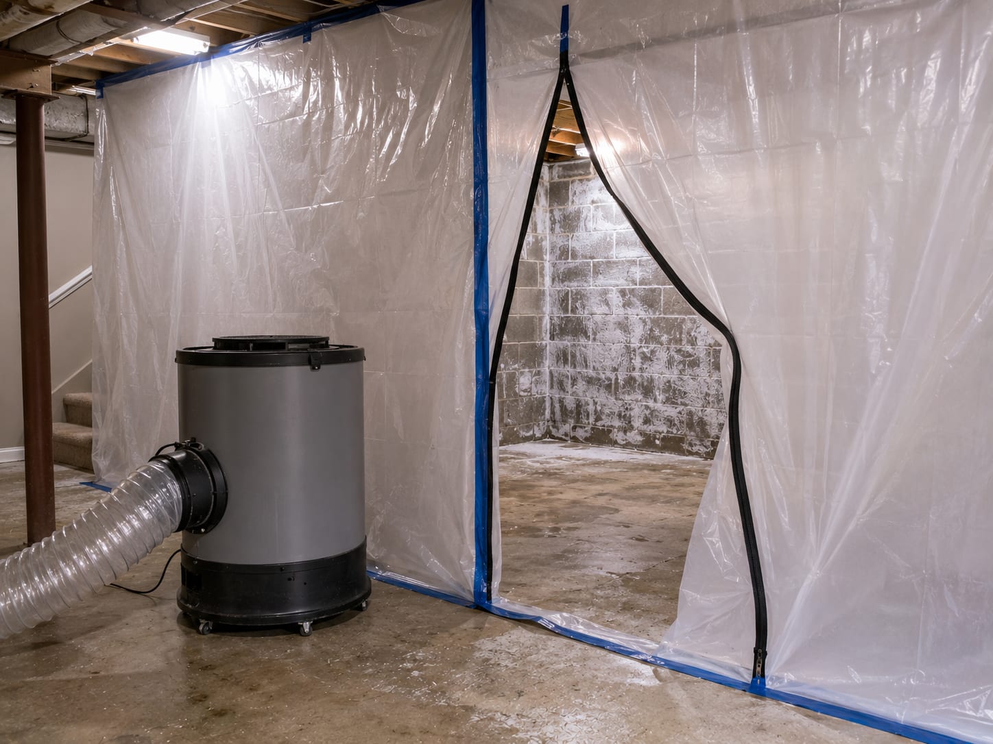 Sealed basement remediation zone with polyethylene containment sheeting and HEPA negative-air machine in a New Jersey home