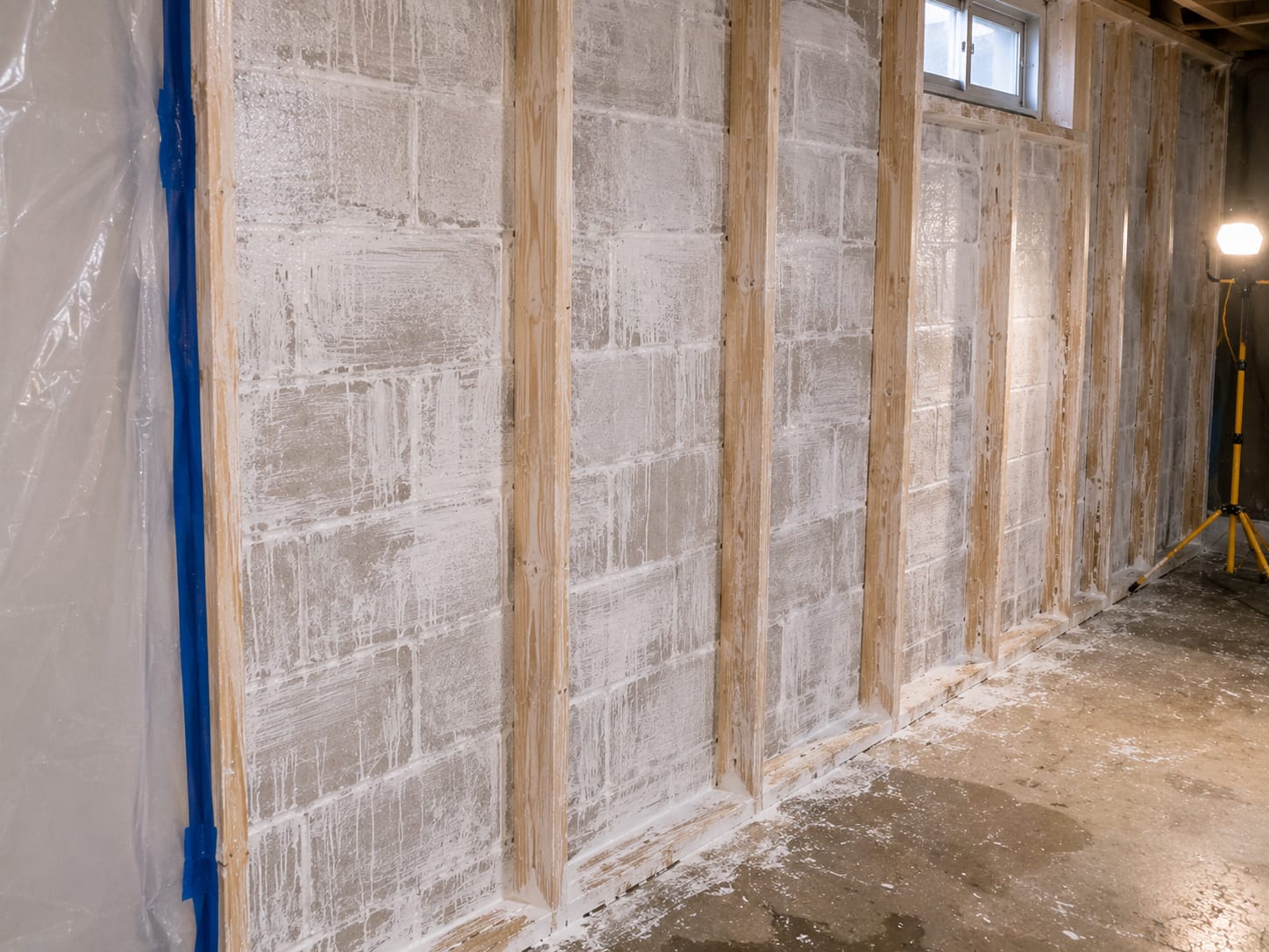 Antimicrobial-treated wood framing and concrete wall in a New Jersey basement after mold removal with dried white residue