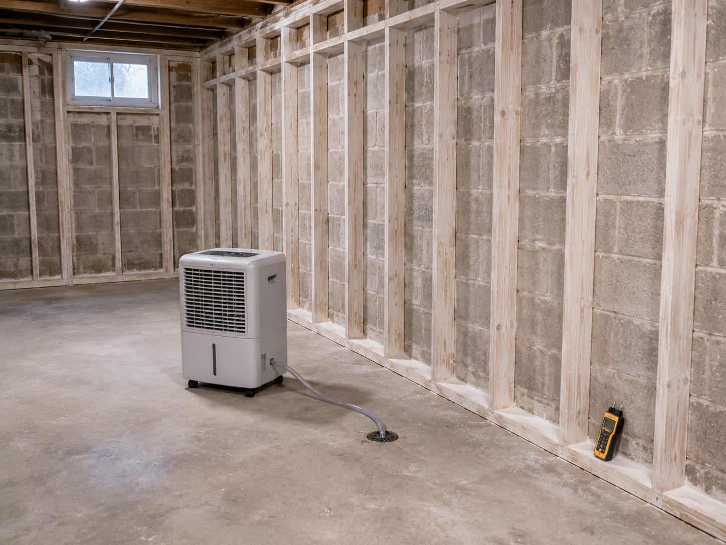 Clean dry basement interior in a New Jersey home after emergency mold removal with bare clean framing and dehumidifier running