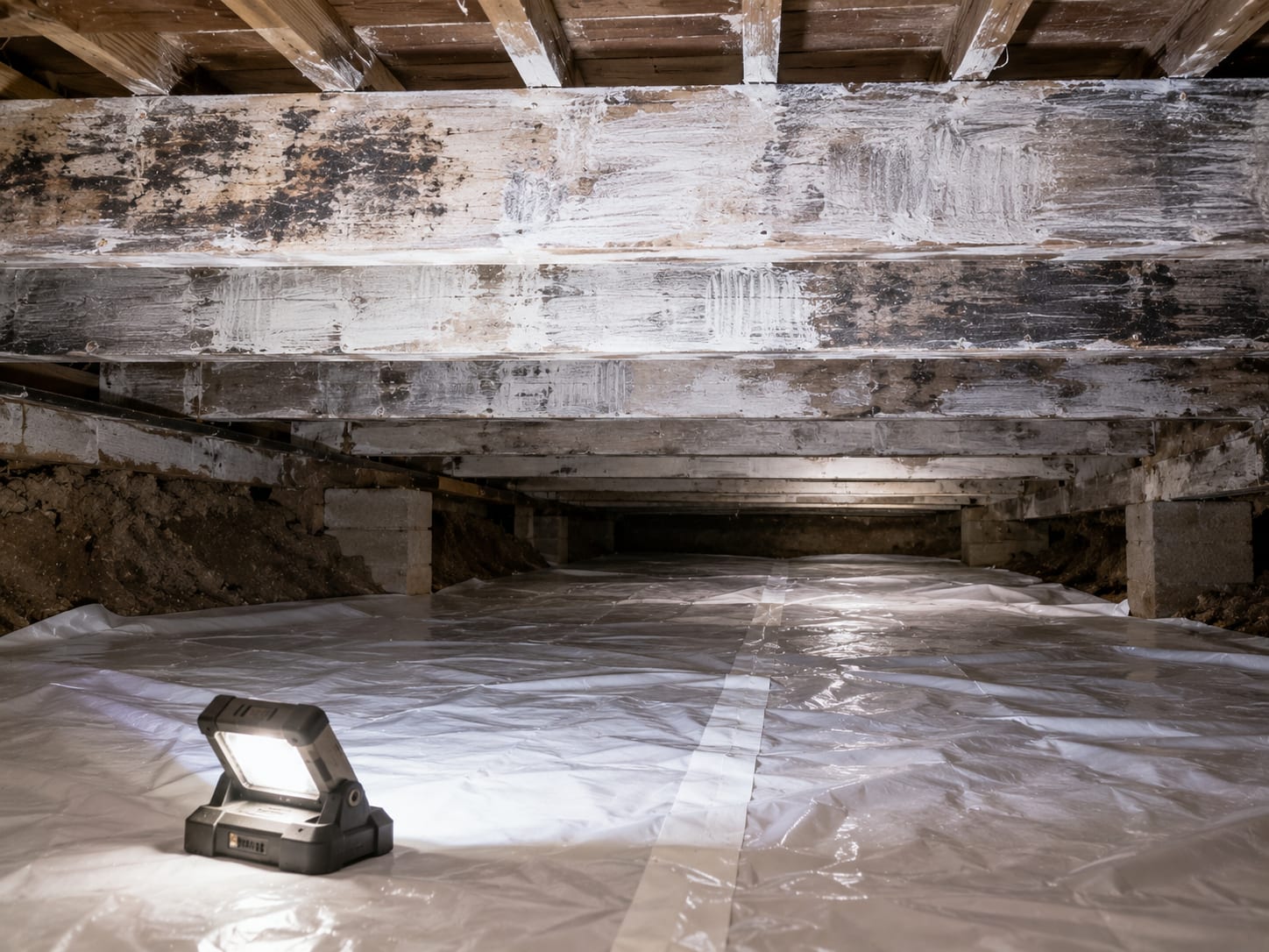 Crawl space with polyethylene ground barrier and antimicrobial-treated floor joists after mold removal in a New Jersey home