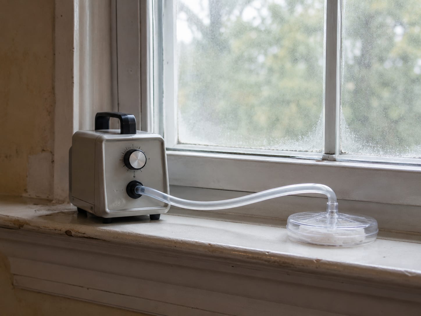 Air quality sampling pump attached to a cassette filter sitting on a window ledge inside a residential room with natural daylight