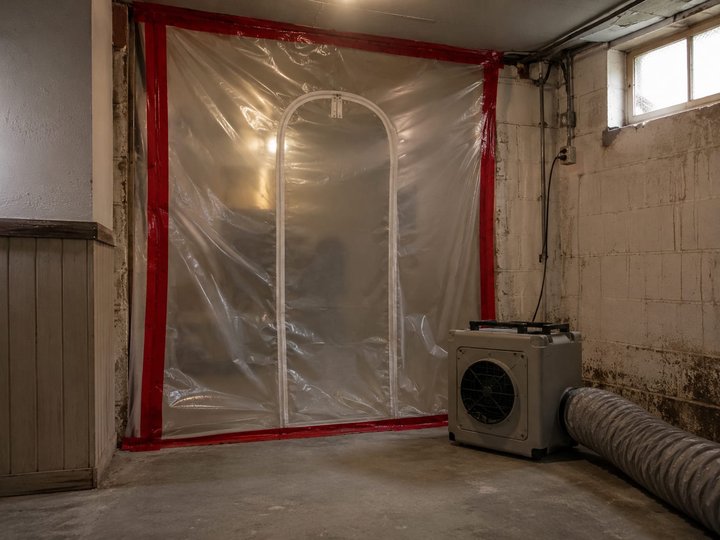 Sealed plastic sheeting containment barrier stretched across a basement doorway with a HEPA negative-air scrubber unit running beside it