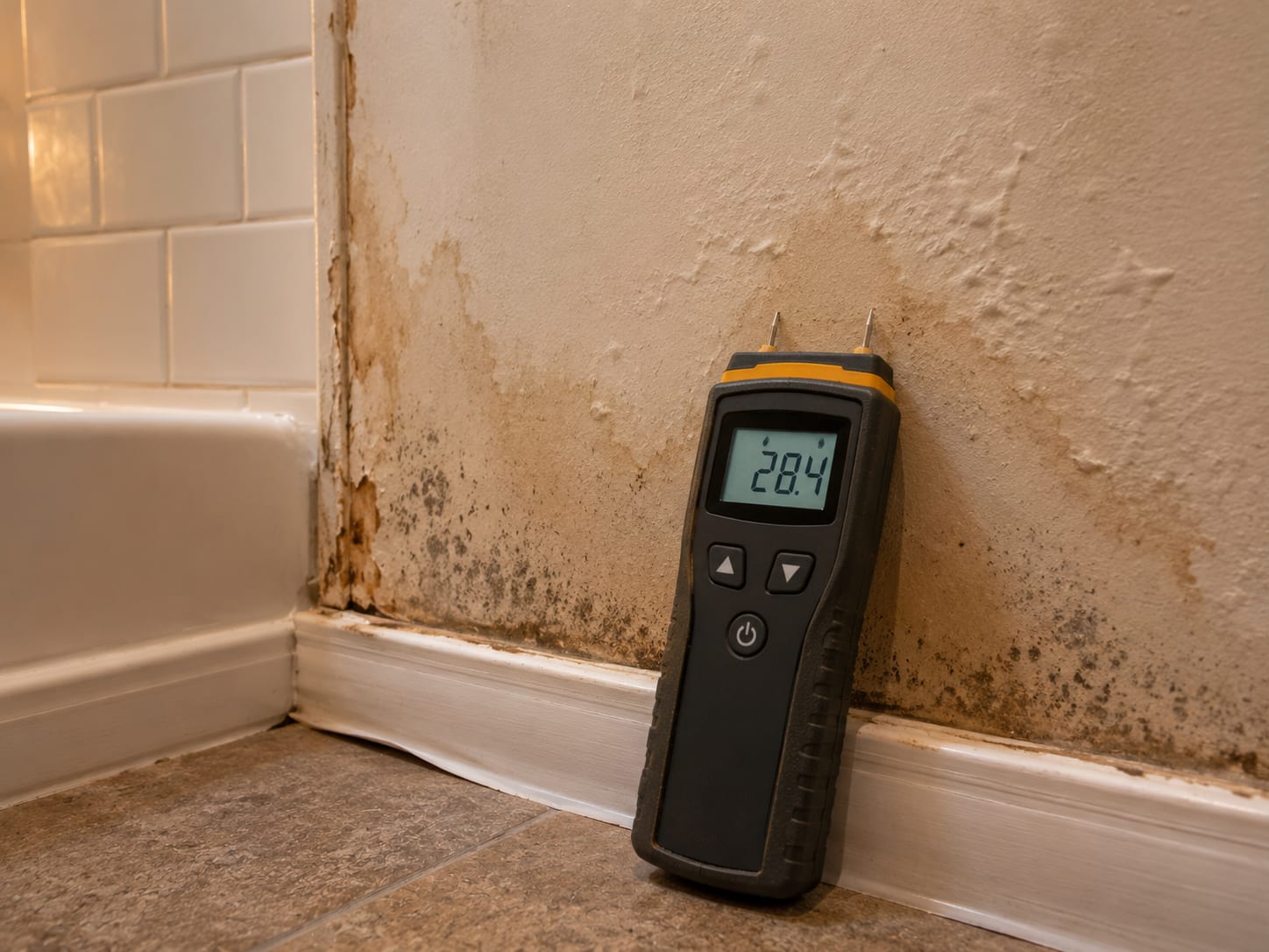 Digital moisture meter pressed against a water-stained drywall surface in a residential bathroom showing elevated moisture reading on its display