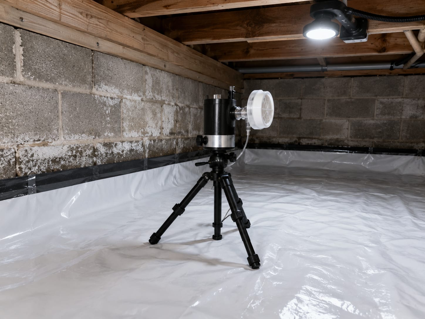 Air sampling cassette mounted on a tripod-mounted pump inside a remediated crawl space beneath a New Jersey home with new vapor barrier installed and dried foundation walls visible