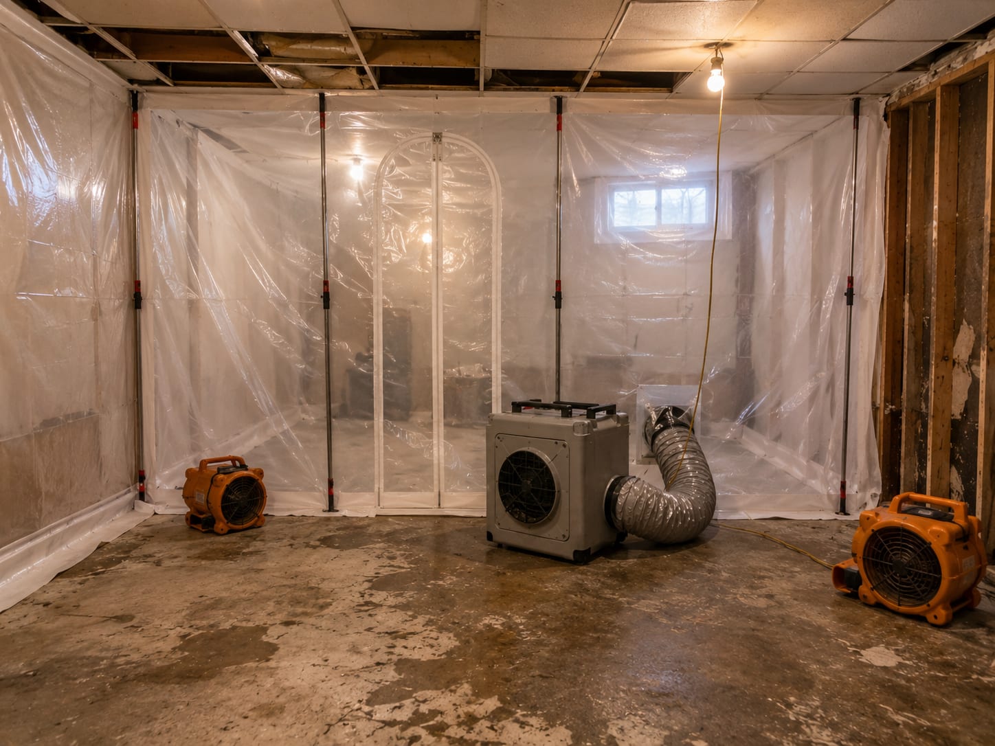 Sealed containment zone inside a New Jersey colonial home basement with heavy-mil polyethylene sheeting, zip-wall poles, and a running HEPA negative-air scrubber positioned near a doorway