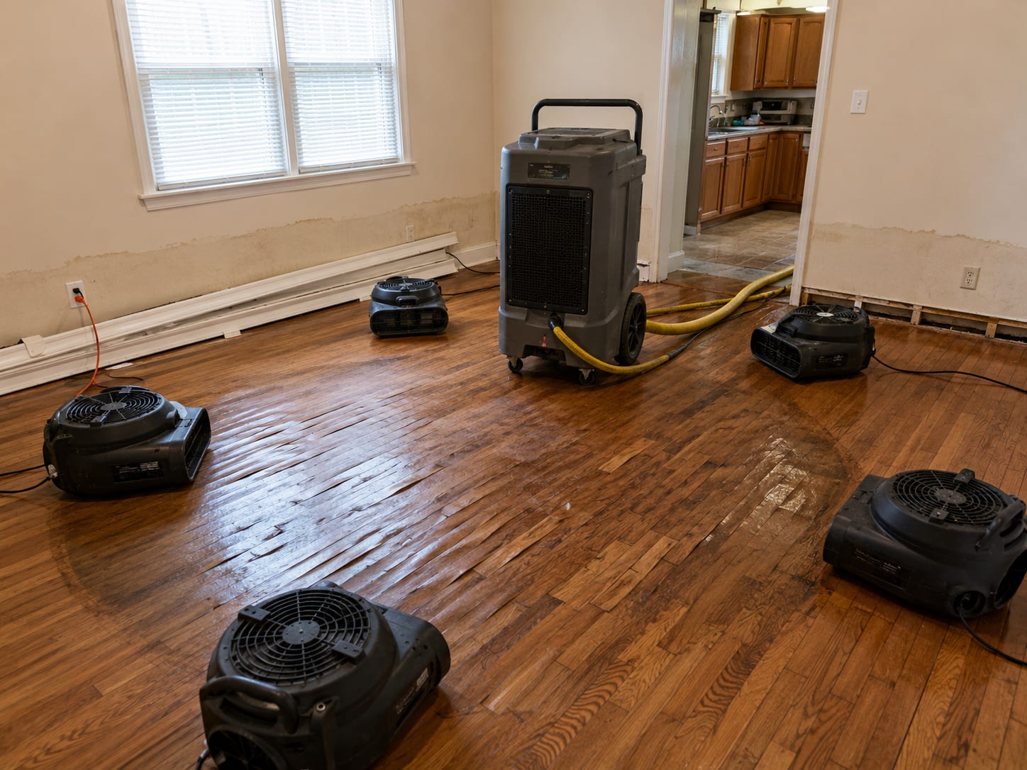 Array of axial air movers and a commercial dehumidifier deployed in a water-damaged first-floor living room of a New Jersey colonial home with hardwood flooring showing cupping and buckling
