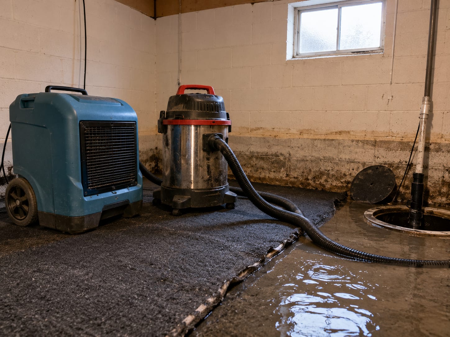 Wet-vac extraction unit and LGR dehumidifier operating on a saturated carpet pad in a New Jersey ranch-style home basement with standing water pooled near a sump pit