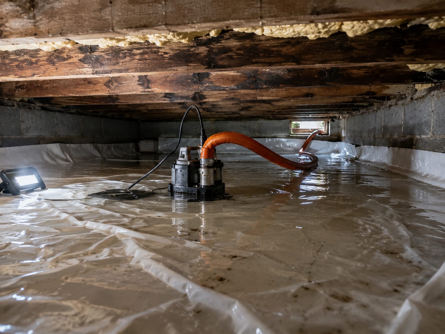 Low crawl space beneath a New Jersey home with a submersible pump and discharge hose draining standing water from a plastic vapor barrier