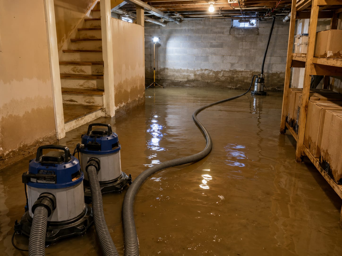 Flooded residential basement with standing water and active extraction equipment running across wet concrete floor