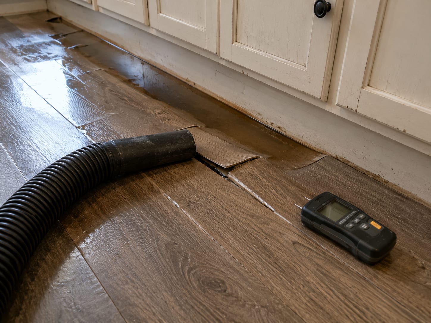 Warped laminate kitchen flooring with standing water pooled at toe kick and extraction unit intake hose positioned at the floor seam