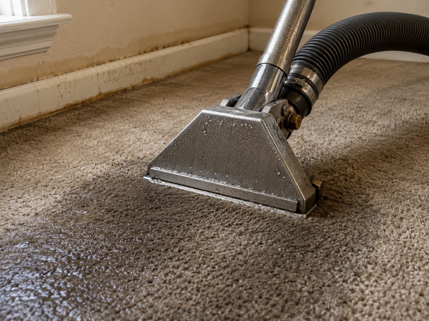 Close view of a heavy extraction hose pressed against dark saturated wall-to-wall carpet with water wicking visibly around the tool head
