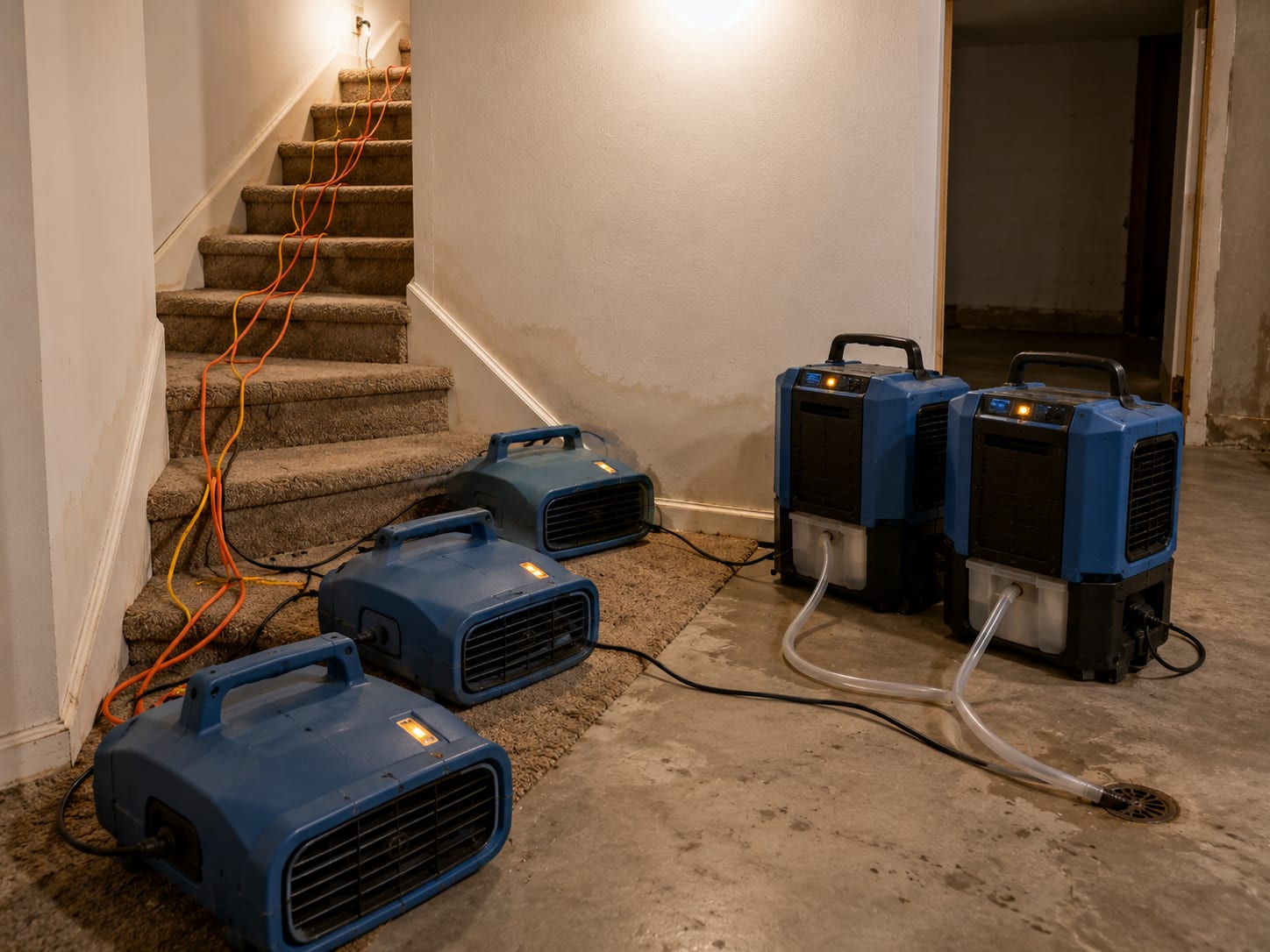 Multiple industrial dehumidifiers and air mover units staged at the base of a basement stairwell with power cords routed up the steps