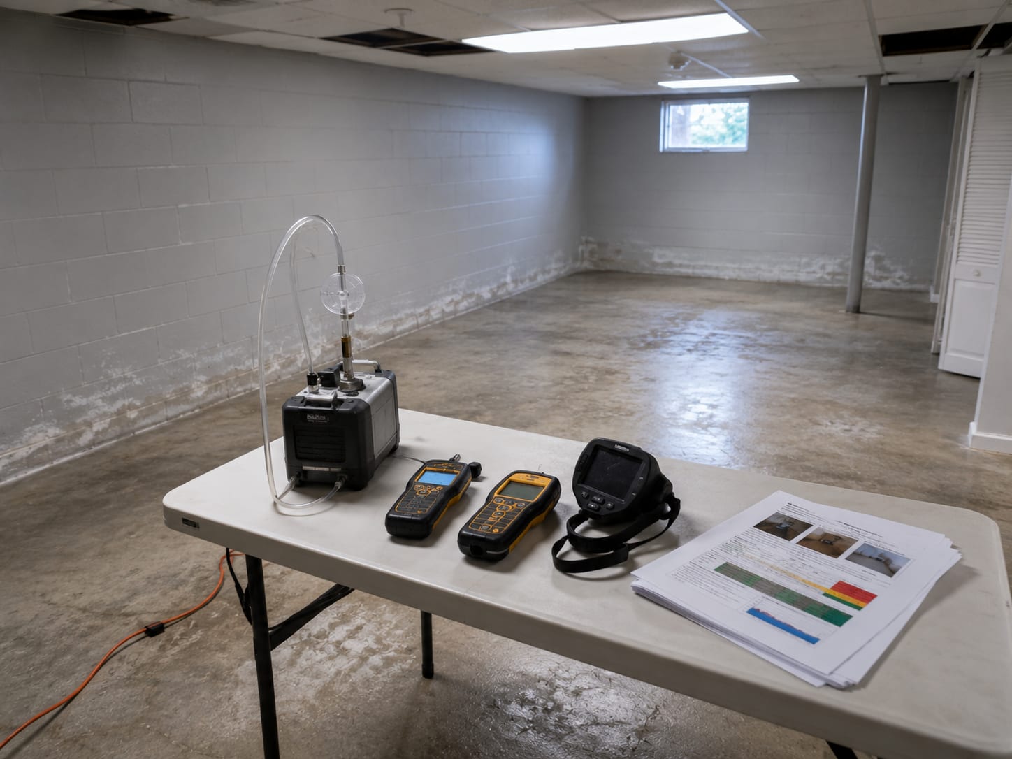 Wide view of a finished basement in a New Jersey colonial home showing moisture meters, air sampling equipment, and printed assessment reports arranged on a utility table