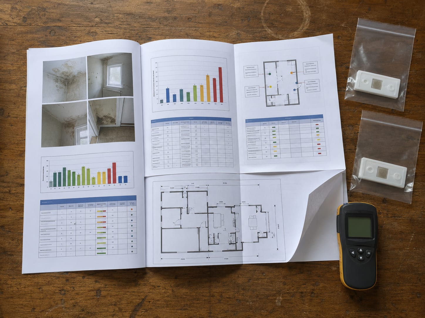 Flat lay overhead view of a multi-page environmental consulting report spread across a wooden table with a moisture meter and sealed sample cassettes alongside