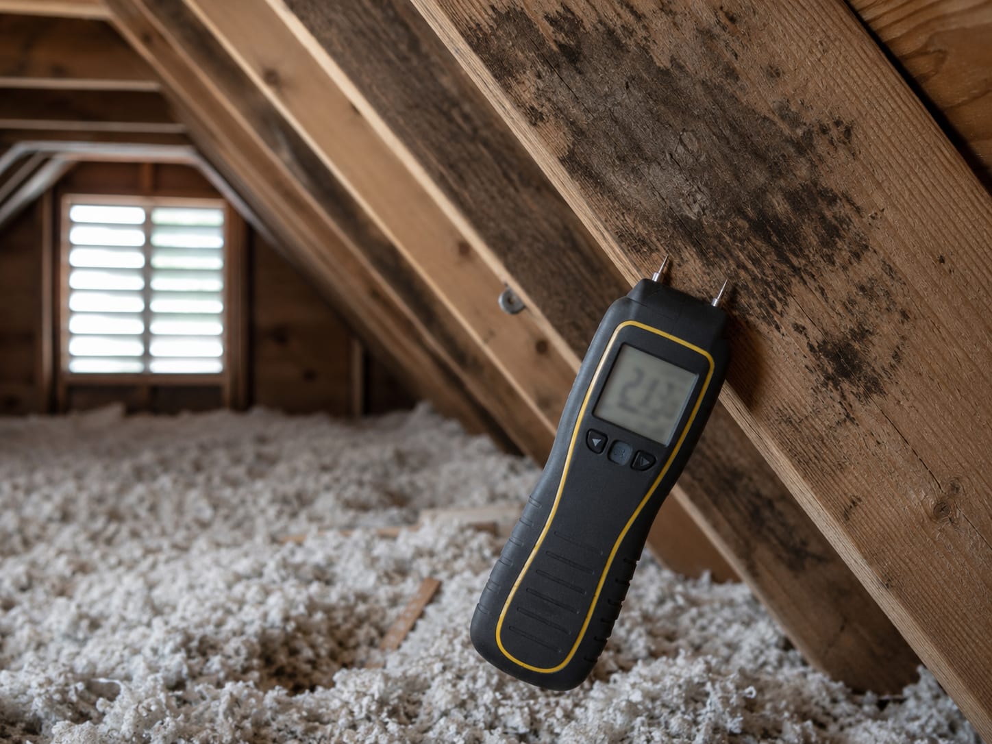 Interior view of a New Jersey home attic with a digital moisture meter probe pressed against a wood rafter showing elevated moisture reading on its display