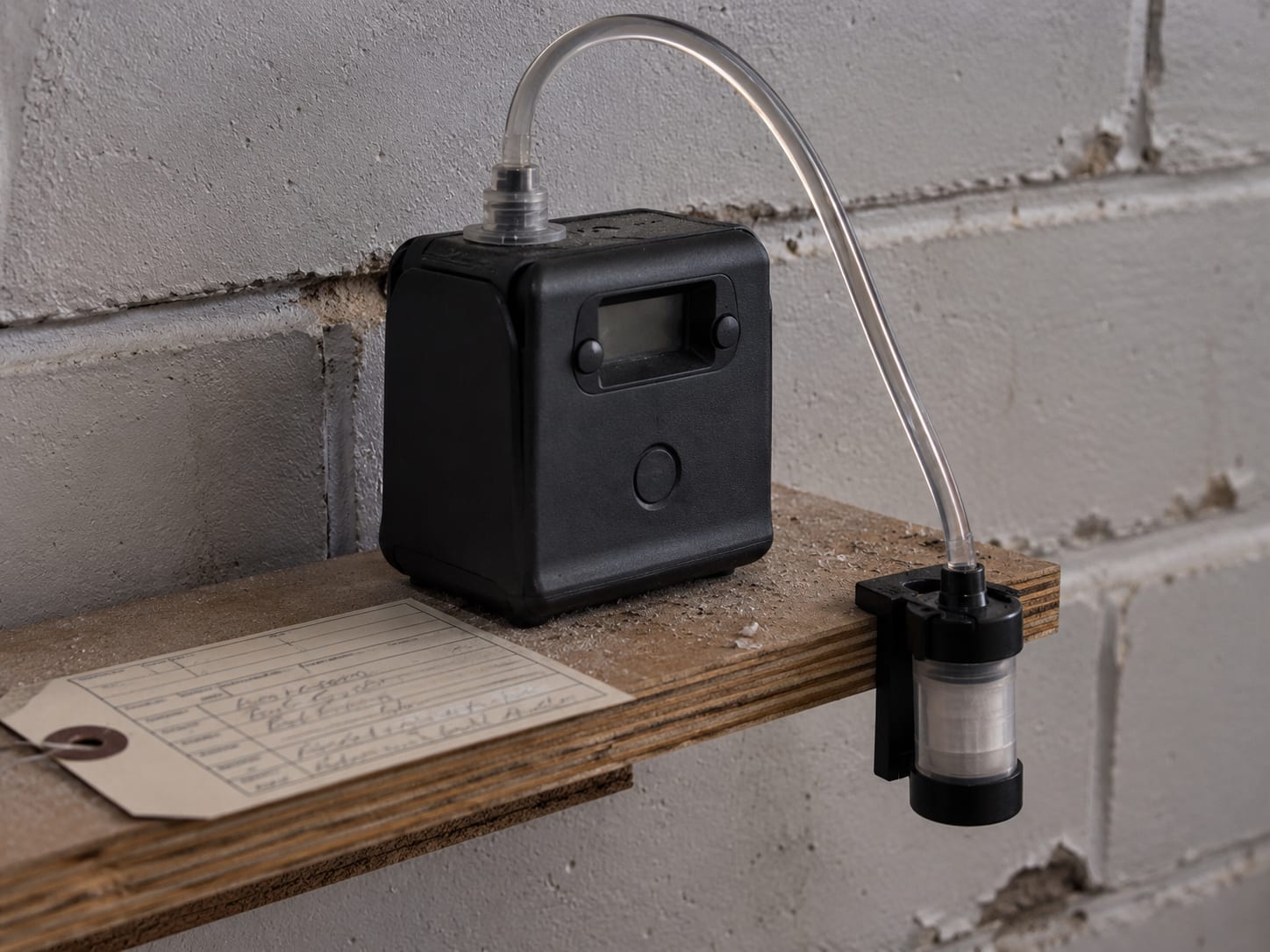 Close-up of a portable air sampling pump connected to a plastic cassette on a basement wall shelf with a hand-written chain-of-custody label nearby