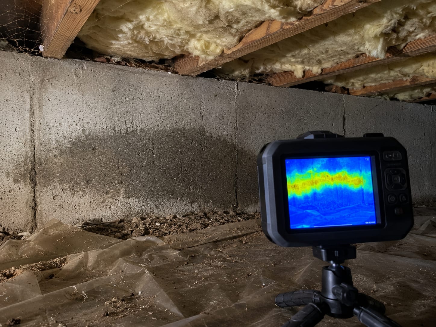 Thermal imaging camera display aimed at a crawl space foundation wall showing a false-color heat map of moisture gradient patterns on concrete