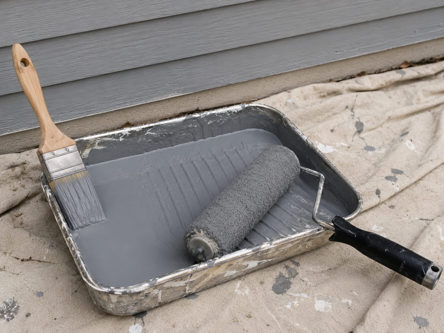 Unbranded paint roller tray with fresh exterior latex paint, foam roller, and angled brush resting on a drop cloth beside a home exterior wall