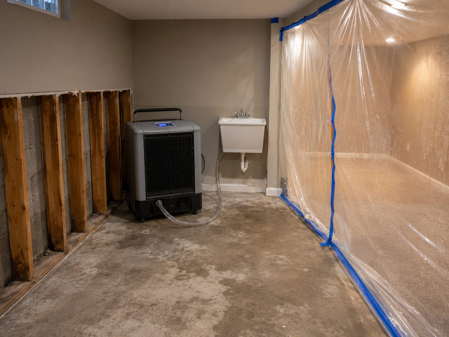 Large commercial dehumidifier running in a stripped finished basement with condensate line draining to a utility sink and plastic sheeting protecting an adjacent carpeted area